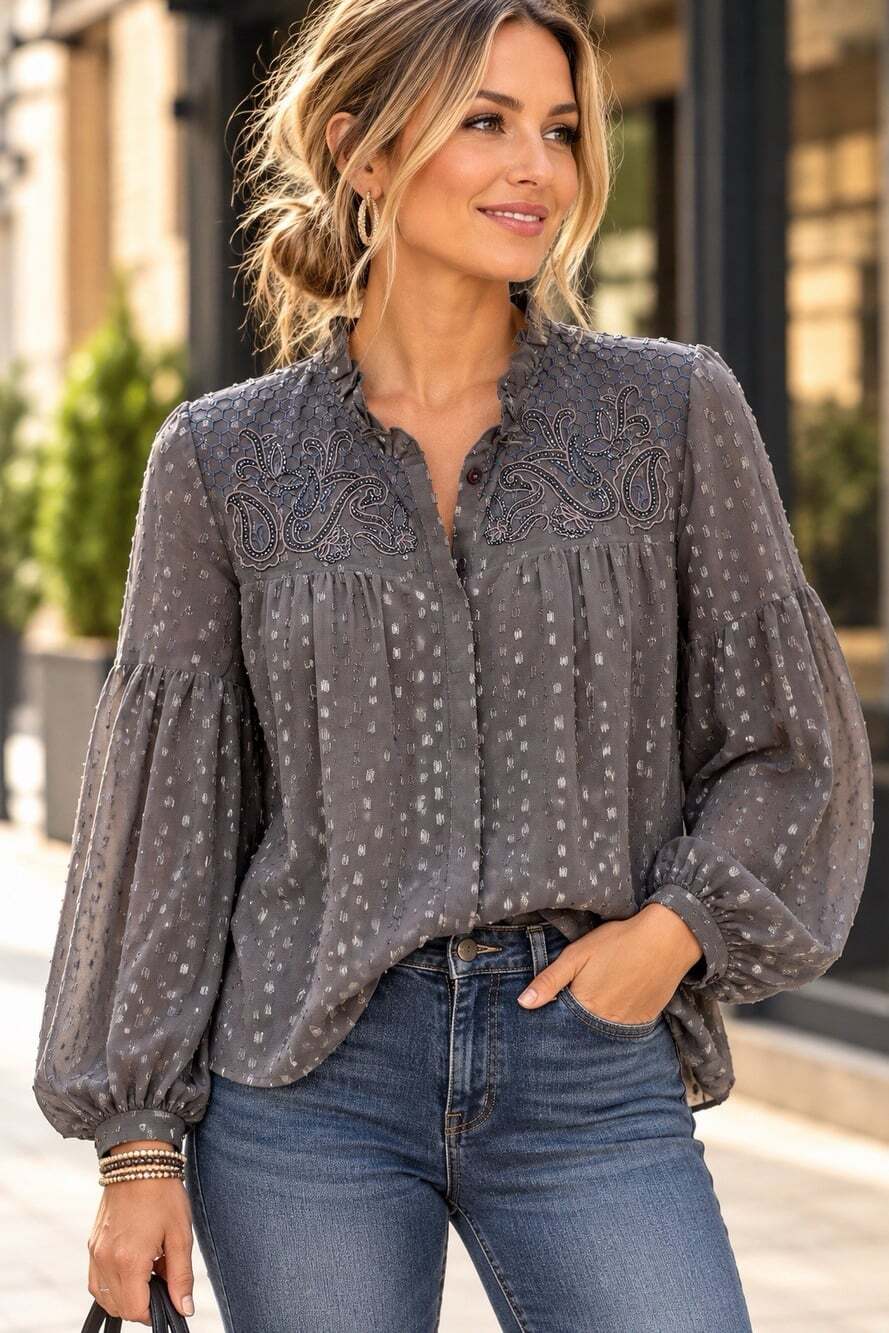 Chicos L (2) Sheer Button Top Embroidered Beaded Ruffle Neck Sheer Peasant Blous